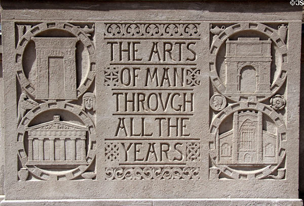 Carved stone sign show architectural styles (1933) on Royal Ontario Museum. Toronto, ON.