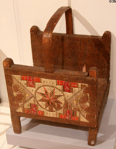 Mi'kmaq porcupine quill panel on log holder (late 19thC - early 20thC) at Royal Ontario Museum. Toronto, ON.