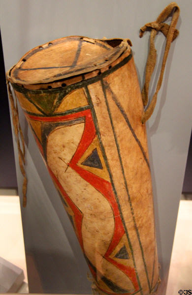 Sitting Bull's leather case for storing his eagle feather war bonnet (c1875) with covers at both ends so feathers are not ruffled by being pulled backward style at Royal Ontario Museum. Toronto, ON.