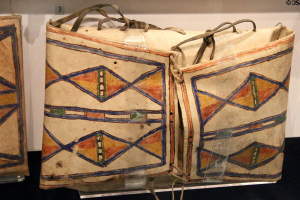 Stoney Nakoda painted rawhide parfleche (c1900) from Morley Reserve, Alberta at Royal Ontario Museum. Toronto, ON.