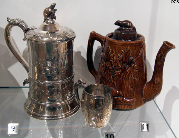 Silver & earthenware vessels topped by figure of Canadian beavers at Royal Ontario Museum. Toronto, ON.