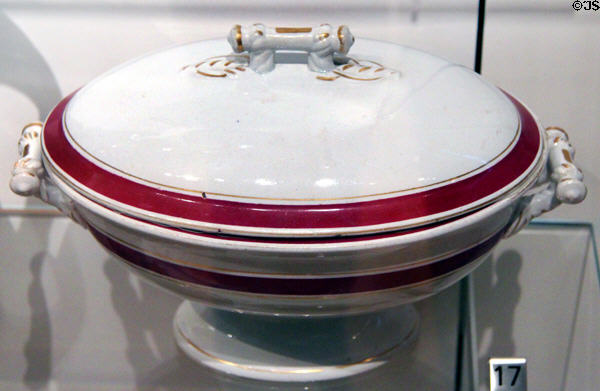 Ironstone covered vegetable dish (c1880-90) by St. Johns Stone Chinaware Co of Saint-Jean-sur- Richelieu, QC at Royal Ontario Museum. Toronto, ON.