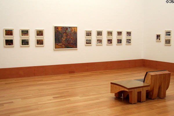 Canadian Group of Seven paintings showing small board paintings sketched from life and larger works on canvas done back in artists' studios at Art Gallery of Ontario. Toronto, ON.