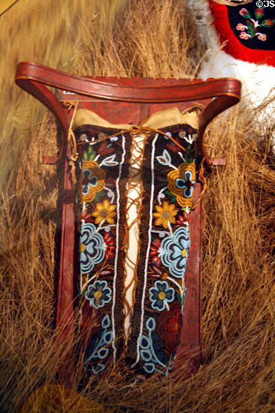 Cree baby's beadwork rawhide cradle board carrier (c1880) at Royal Saskatchewan Museum. Regina, SK.