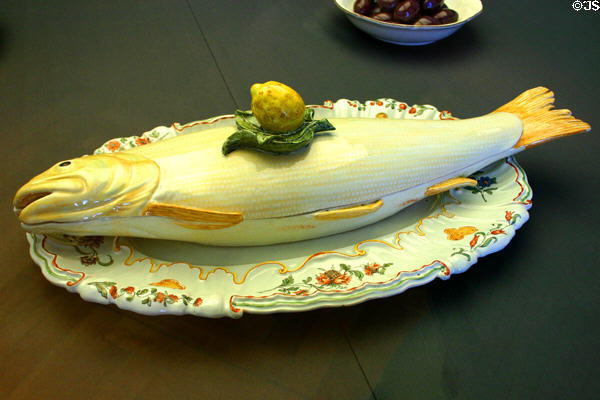 Faience terrine in form of fish (c1750) by Pasquale Antonibon from Nove, Italy at Ariana Museum. Geneva, Switzerland.