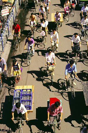 Bicycle traffic on streets of Beijing. China.