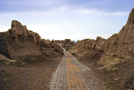 Old street remade through the Jiaohe Ruins, Turpan. China.