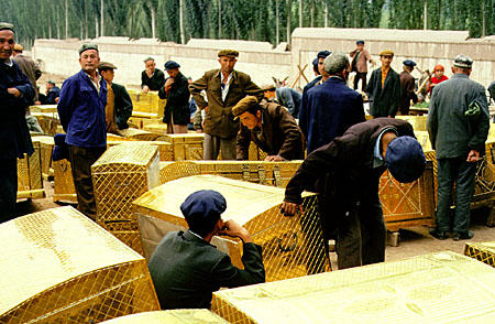 Dowry chests for sale at Kashgar's Sunday market. China.