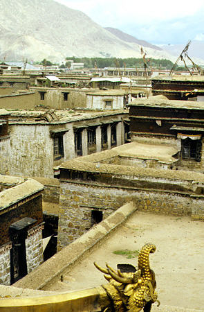 Rooftop view of Chinese blockhouses in Lhasa, Tibet. China.
