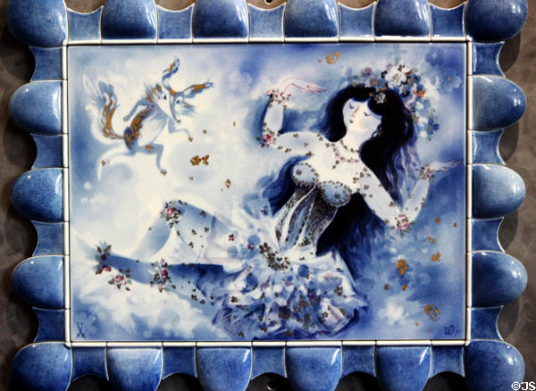 Meissen Porcelain plaque in blue painted with sleeping woman with fox (c1993) by Heinz Werner at Meissen factory. Meissen, Germany.