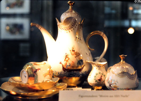 Meissen Porcelain coffee service with couple in gondola designs (c1993) by Heinz Werner at Meissen factory. Meissen, Germany.