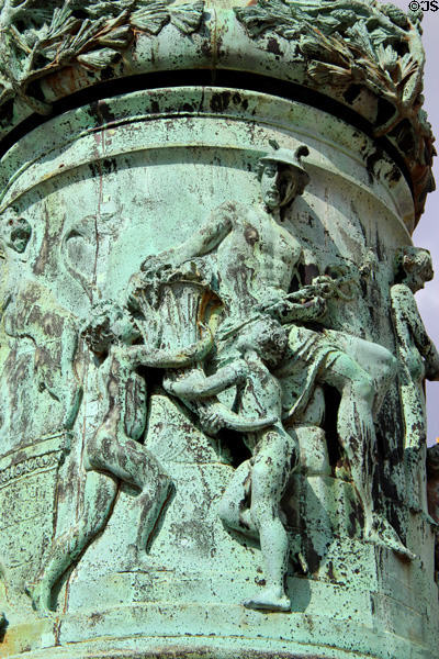 Figure of Mercury on base of flagpole with sailing ship on top at Hamburg City Hall plaza. Hamburg, Germany.