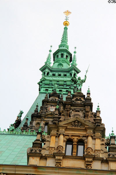 Details of upper tower & spire on Hamburg City Hall. Hamburg, Germany.