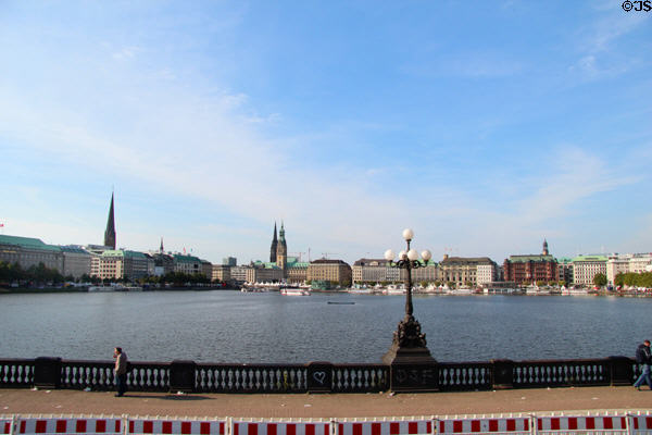 Famous view of promenade along Lake Alster in heart of Hamburg. Hamburg, Germany.