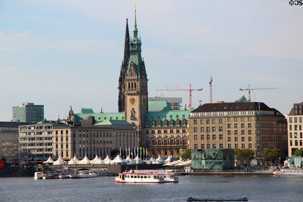 Lake Alster market & Hamburg City Hall tower. Hamburg, Germany.