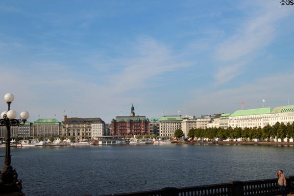 Hamburg city center as seen across Lake Alster. Hamburg, Germany.