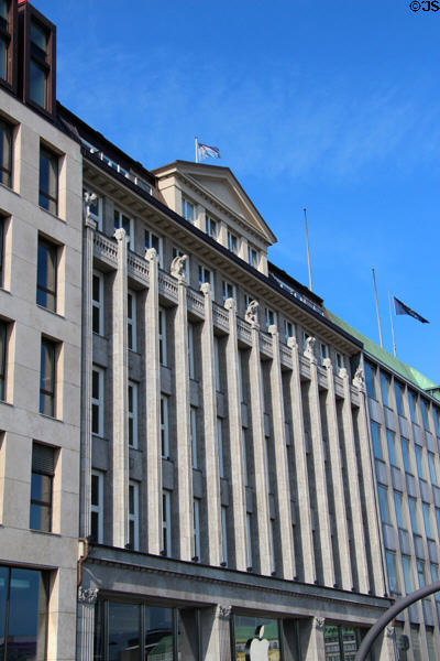 Pillars & statuary on facade of historic building housing Apple Store on Jungfernstieg. Hamburg, Germany.