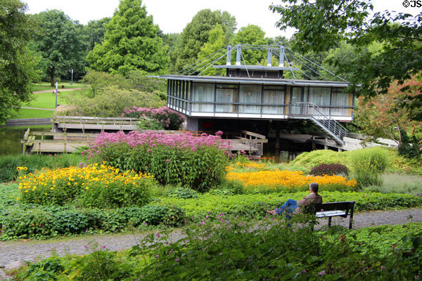 Modern suspended pavilion in Planten un Blomen park. Hamburg, Germany.