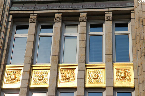 Details on gold panels on Deutsche Bank building at Mönckebergstraße U-Bahn station. Hamburg, Germany.