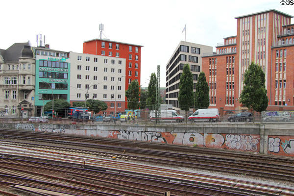 Buildings along main tracks from Hamburg Central Rail Station. Hamburg, Germany.