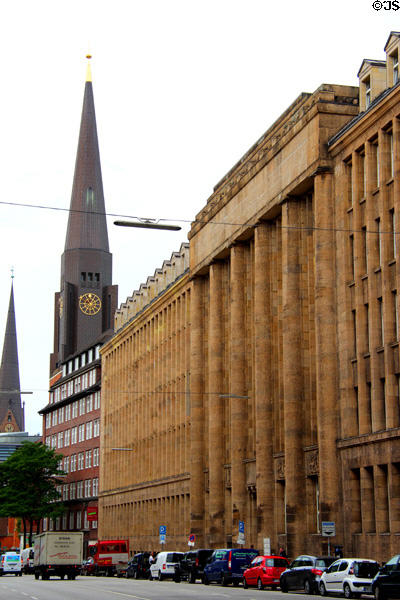 St Jacobi Church (St. James the Greater) (ancient church re-built in 1963 with modern spire) & government building at Steinstraße 10. Hamburg, Germany.