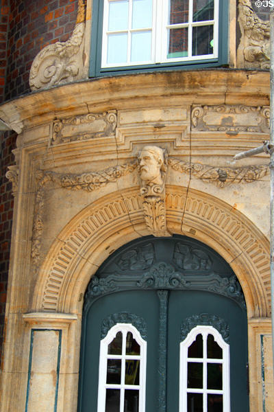 Carvings on Hube-Haus entrance. Hamburg, Germany.