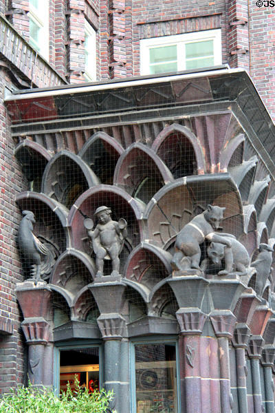 Details of statuary capping entrance level of Chilehaus. Hamburg, Germany.