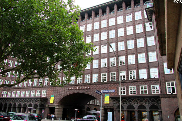 Street front archway & arcades of Chilehaus. Hamburg, Germany.