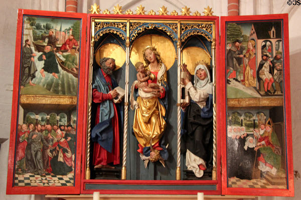 Triptych altar focusing on Virgin & Child in St Jacobi Church. Hamburg, Germany.