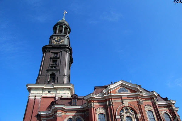 St Michael's Church copper clad spire whose height (132m) is prominent in Hamburg's skyline & a landmark for ships sailing up the Elbe River. Hamburg, Germany.