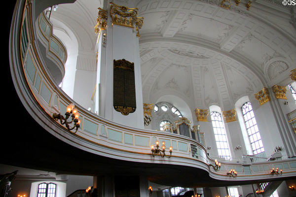 Gallery, designed with typical baroque curves, at St Michael's Church. Hamburg, Germany.