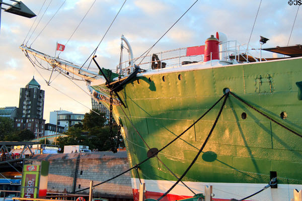 Prow of the Rickmer Rickmers museum sailing ship in late afternoon sunshine. Hamburg, Germany.