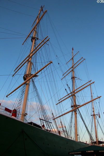 Masts & rigging of Rickmer Rickmers museum sailing ship at dusk. Hamburg, Germany.