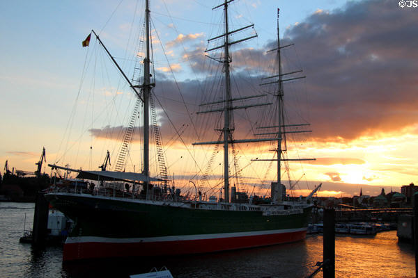 Rickmer Rickmers museum sailing ship at sunset. Hamburg, Germany.