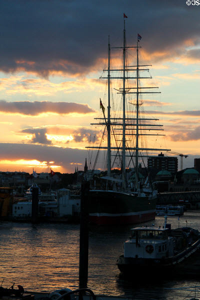 Rickmer Rickmers museum sailing ship at sunset. Hamburg, Germany.