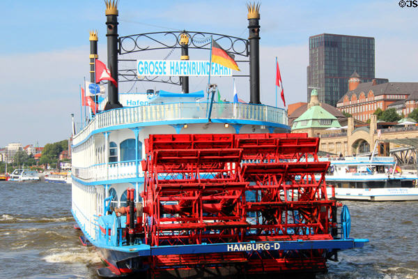 Stern of Louisiana Star paddle wheel tour boat on Elbe River. Hamburg, Germany.