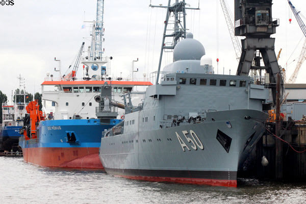 Naval vessel A50 moored on Elbe River. Hamburg, Germany.