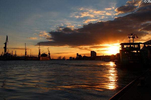 Elbe River at sunset. Hamburg, Germany.