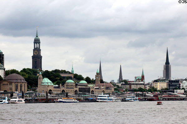 St Michael's Church & other towers of Hamburg as seen from harbor. Hamburg, Germany.