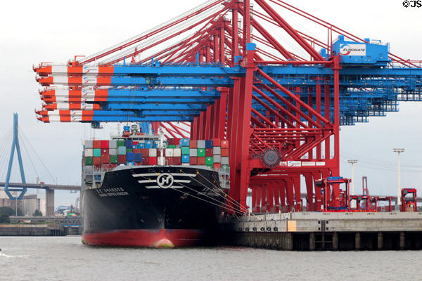 Hamburg Container Port, 3rd largest in Europe, located 110 km up the Elbe River from its mouth on the North Sea. Hamburg, Germany.