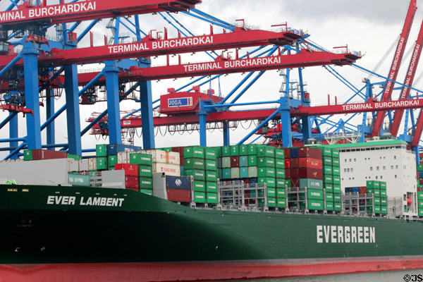 Container ship, Ever Green, & cranes at container port. Hamburg, Germany.