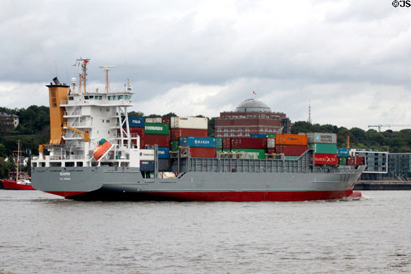 Container ship, Bjorg, St John's, with life boat & slide, traveling along Elbe River. Hamburg, Germany.