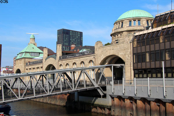 Domed heritage stone buildings at St Pauli Pier. Hamburg, Germany.