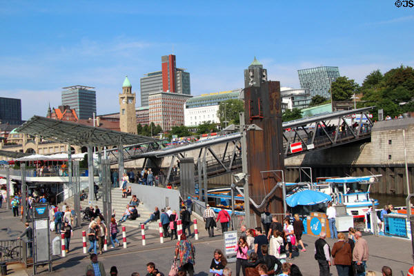 Modern architecture beyond clock tower at St Pauli Pier. Hamburg, Germany.