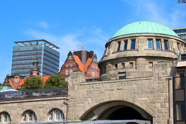 Green dome of St Pauli Pier with heritage & modern structures beyond. Hamburg, Germany.