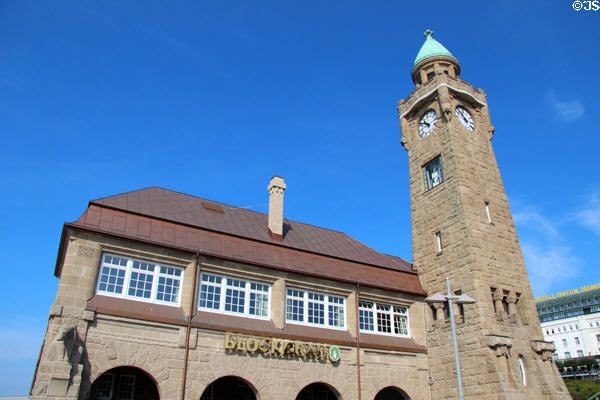 Stone clock tower at St Pauli Pier. Hamburg, Germany.