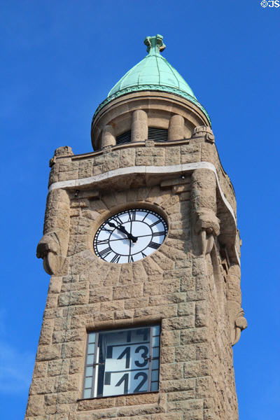 Stone clock tower at St Pauli Pier. Hamburg, Germany.