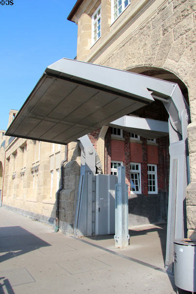 Flood gate protecting heritage building at St Pauli Pier. Hamburg, Germany.