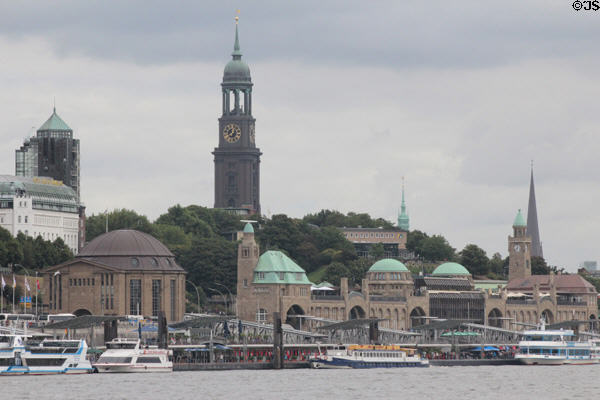 Church spires over St Pauli Pier. Hamburg, Germany.