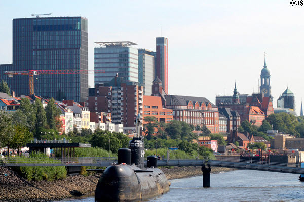 Buildings on hill above St Pauli Pier. Hamburg, Germany.